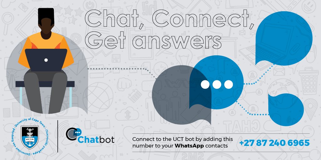 UCT_news's tweet photo. Do you have a UCT student registration or orientation question?
Connect with the UCT Chatbot today!
Simply add +27 87 240 6965 to your WhatsApp contacts. Ask a question and the various answer options will pop up.
#DestinationUCT
Read more: https://t.co/6eFqemHz3c https://t.co/mAVZ6Gh8BX