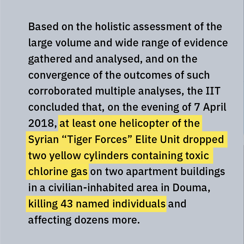 OPCW's tweet photo. 🔴 Reasonable grounds to identify Syrian Arab Air Forces as perpetrators of 2018 #Douma #ChemicalWeapons attack, #OPCW IIT report concludes. 

➡️ Swipe to learn more.