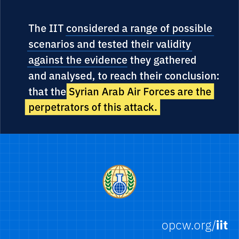 OPCW's tweet photo. 🔴 Reasonable grounds to identify Syrian Arab Air Forces as perpetrators of 2018 #Douma #ChemicalWeapons attack, #OPCW IIT report concludes. 

➡️ Swipe to learn more.