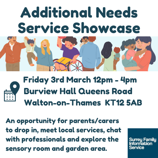 Surrey Family Information Service would love for parent/carers to join them on the 3rd of March between 12pm-4pm, for the chance to meet one another and find out about local services.  If you have any questions, please contact: surrey.fis@surreycc.gov.uk