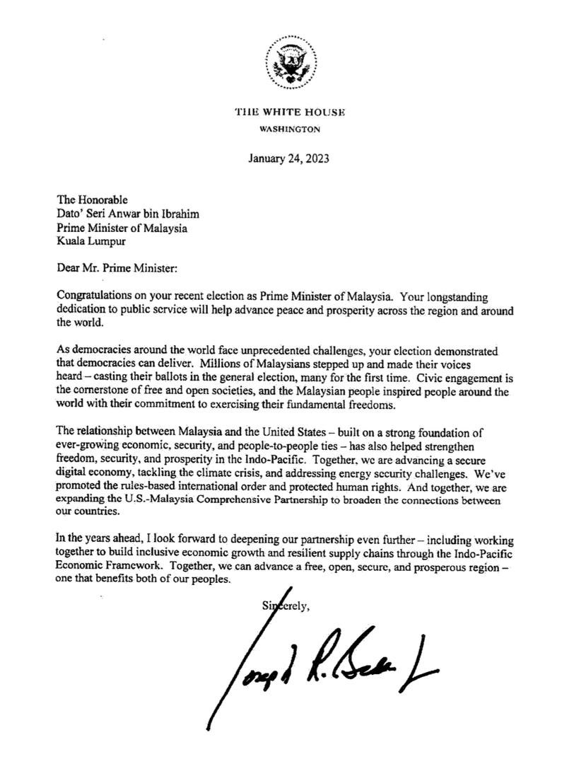 anwaribrahim's tweet photo. I received a congratulatory message from U.S. President @JoeBiden, who commended Malaysia’s inspiring democracy in the recent general election. (1/2) https://t.co/apZYjgxpBW