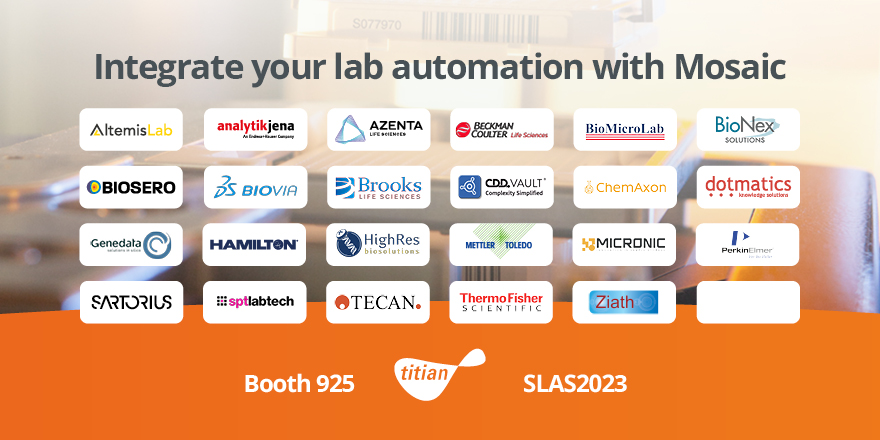 TitianSoftware's tweet image. Titian’s Mosaic software integrates with most major #labautomation and #labsoftware providers to maximise the efficiency and accuracy of your #samplemanagement. Learn how our partnerships can help you at Booth 945 at #SLAS2023: bit.ly/3Y2wwmm