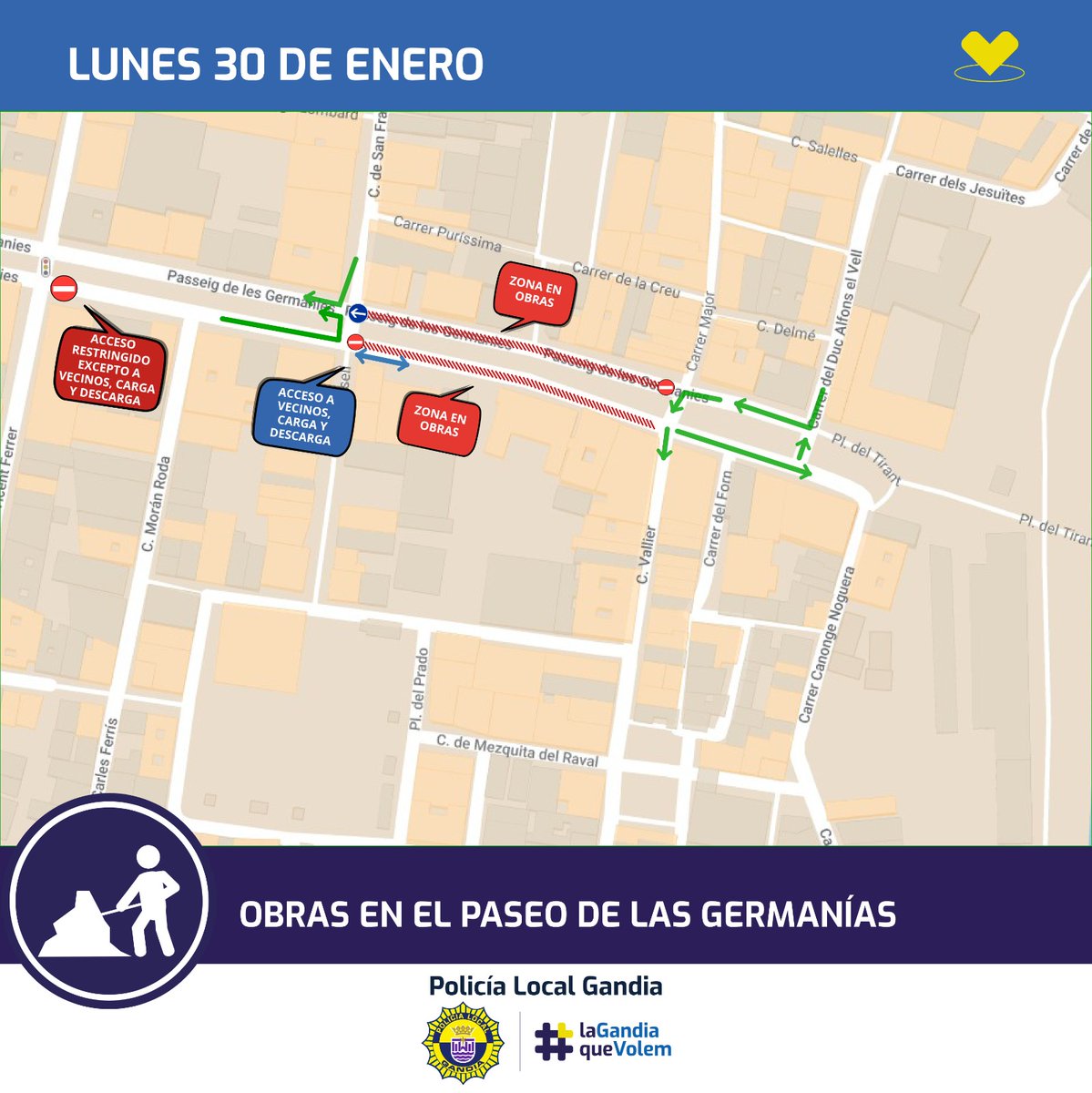 PLGandia's tweet photo. A partir de demà dilluns 30 de gener s'inicia una nova fase als treballs de reparació del paviment del Passeig de les Germanies. 
➡️El tram entre Duc Alfons el Vell i Vallier tornarà a ser utilitzable, per la qual cosa, l'Urbanet tornarà al seu recorregut habitual. 
@aj_gandia https://t.co/jTJWIDVZCy