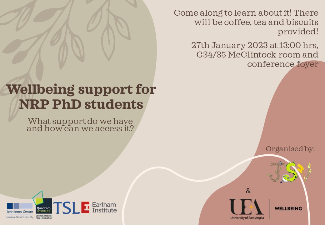 To all NBI students: join us this afternoon to learn about wellbeing and mental health support you can access as a PGR! #phd #Wellbeing
#mentalhealth

@sts_uea <a href="/QuadramSF/">Quadram Student Forum (QSF)</a>