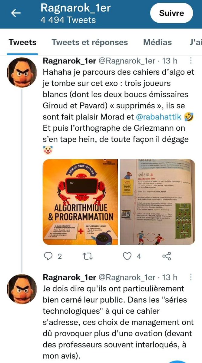 Victime de racisme 😡 même quand tu te déchires à écrire un livre sur le langage Python pour les jeunes!

Un livre aux editions <a href="/Hachette_France/">Hachette France</a> qu'on a travaillé jours et nuits avec mon frère <a href="/rabahattik/">Rabah</a>

<a href="/_OlivierGiroud_/">Olivier Giroud</a> <a href="/BenPavard28/">Benjamin Pavard 5</a> <a href="/Griezmann7_FR/">Griezmann France 🇲🇫🇪🇦</a> je vous kiffe ❤️