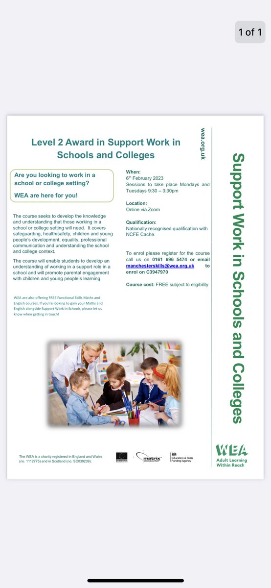 Our Level 2 Support Work in Schools and College course is for anyone wishing to gain employment in schools! This course starts 06/02/2023 and runs Mondays and Tuesdays online. Email manchesterskills@wea.ac.uk to make a referral!