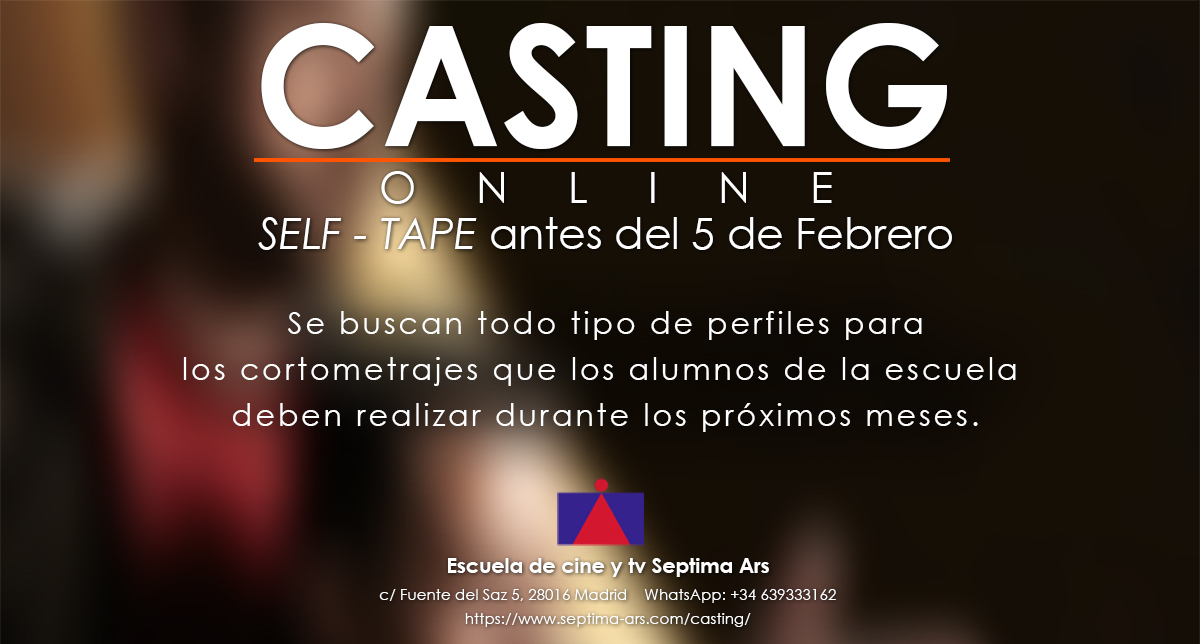 🎥🎬 ¡ CASTING, CASTING !
septima-ars.com/casting/
NO REMUNERADO: Prácticas de estudiantes de cine.

#casting #EscuelaCineSeptimaArs #SeptimaArs #enseñanza #formación #estudiacine #interpretación #Cine #AprendeCineHaciendoCine #EstudiarCine #EscuelaDeCine #CursosDeCine #Madrid