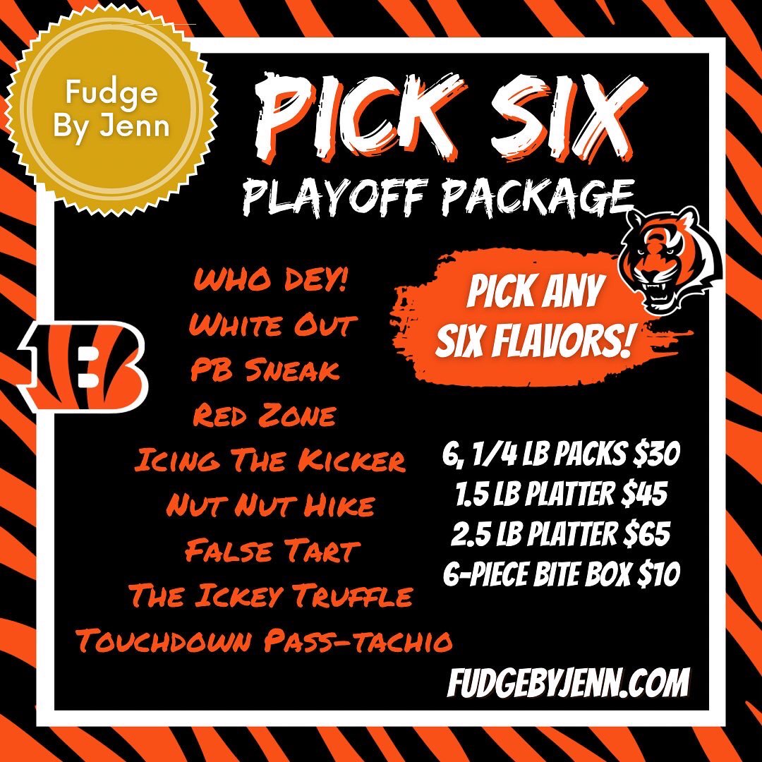fudge_by_jenn's tweet photo. Happy FriDEY! #Fudge up your watch party dessert table - order today, pick up tomorrow!
#bengals #AFCChampionship #whodey #whodeynation #cincinnati #sweets #gametime #nflplayoffs #joeburrow #samhubbard #teehiggins #jamarrchase #JoeMixon #evanmcpherson #fudgebyjenn #letsgetfudged https://t.co/fmlVP9i1FO