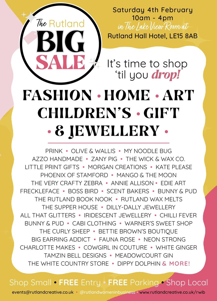 Not long now… + NEW businesses have joined too! 🥳 The #RutlandBigSaleFamily continues to grow to offer you one of the biggest selections of small business stalls #Rutland has seen. 🙌🏻✨

💌 events@rutlandcreative.co.uk

rutlandcreative.co.uk/rwib