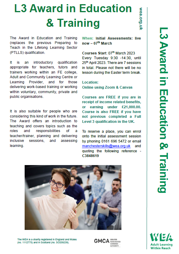 Spaces left for our L3 Award in Education and Training Course starting 07th March. Further information on how to join can be found below! #onlinelearning #adulteducation #lifelonglearning
