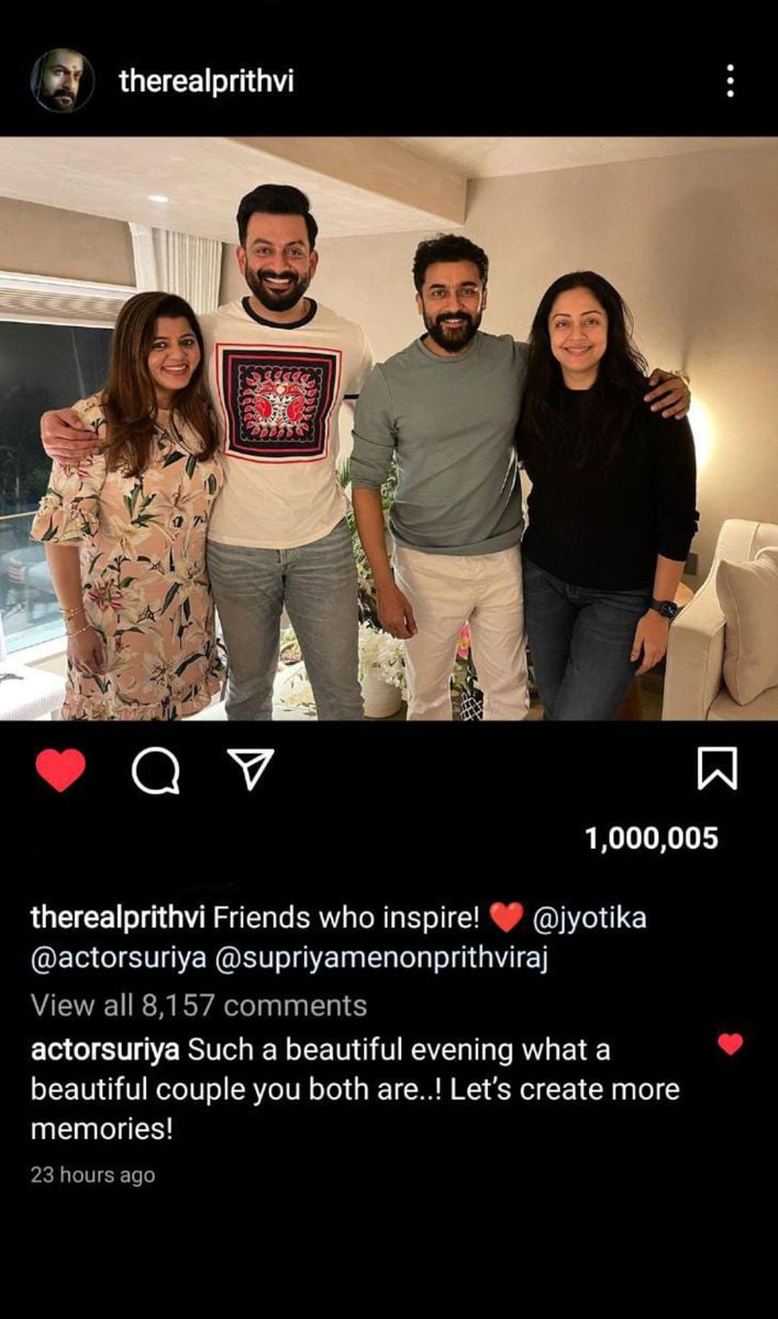 • @PrithviOfficial's Recent @Instagram Post Reached 1M+ Likes In 23 Hours 🔗 instagram.com/p/Cn4eYNnPLjX/…

@Suriya_Offl #Jyotika #SupriyaMenon | #Suriya42 | #VaadiVaasal