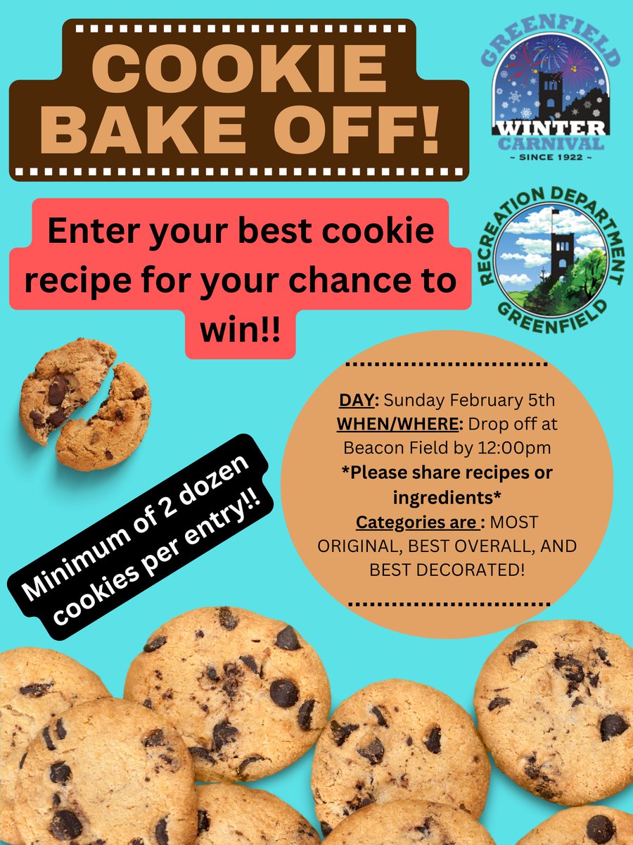 Channel your inner Bobby Flay or Betty Crocker by participating in Winter Carnival Chili Cook Off or Cookie Bake Off! ❄️👩‍🍳🍲🍪👨‍🍳❄️Pre-registration being accepted now! Visit our website for all the information and registration forms: greenfieldrecreation.com/wintercarnival…