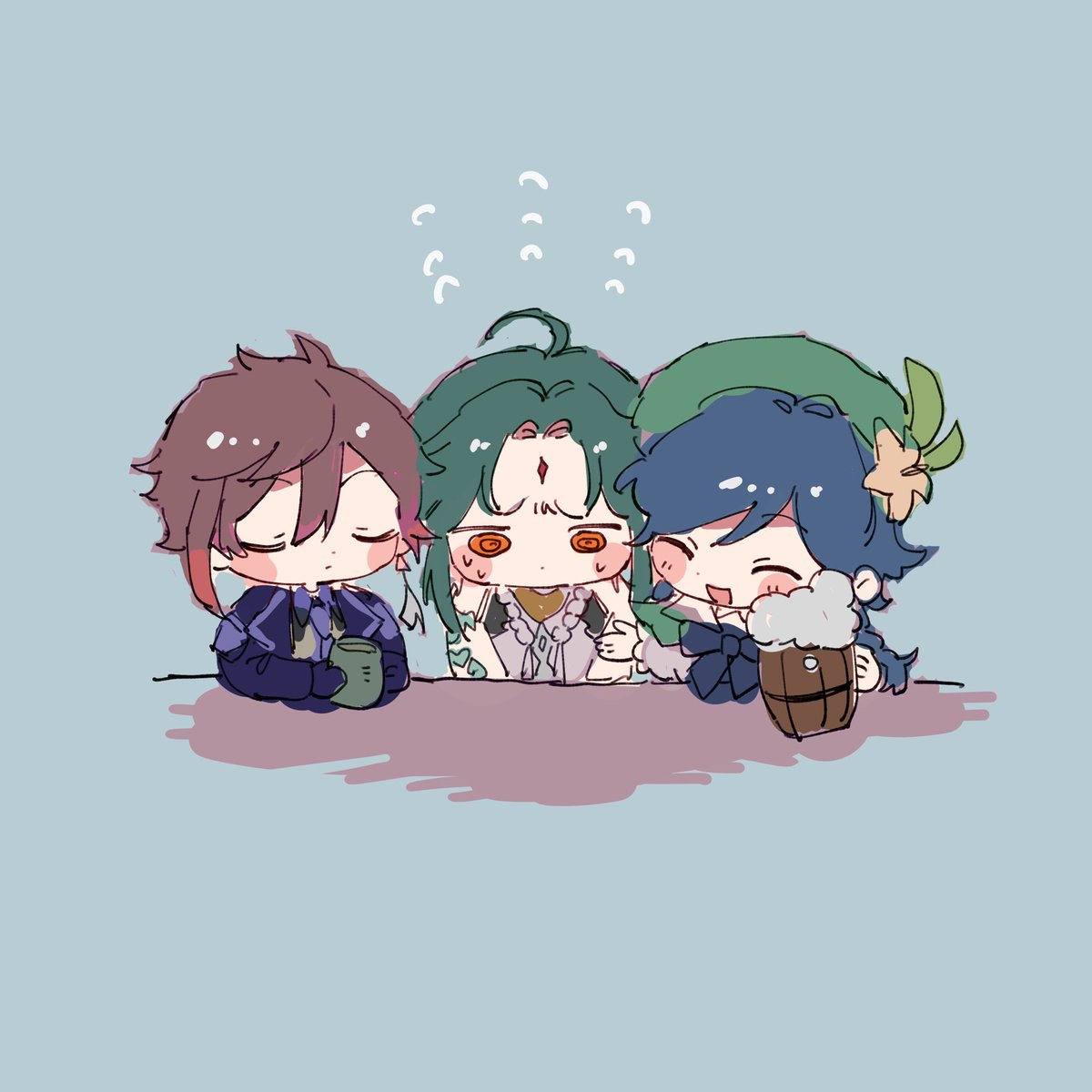 venti (genshin impact) ,xiao (genshin impact) ,zhongli (genshin impact) cup multiple boys holding cup closed eyes hat 3boys brown hair  illustration images