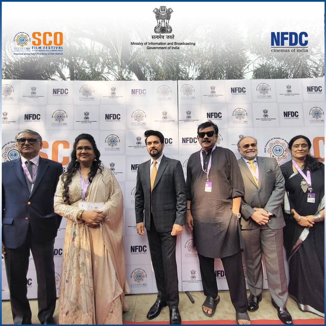 Shri Anurag Thakur @ianuragthakur, Union Minister for Information & Broadcasting, director @priyadarshandir, actor #Urvashi & @ShobhaIyerSant, Sr. Vice President, Content Alliances, #JioStudios at the premiere of the opening film 'Appatha' at #SCOFilmFestival #WideAngleCreations