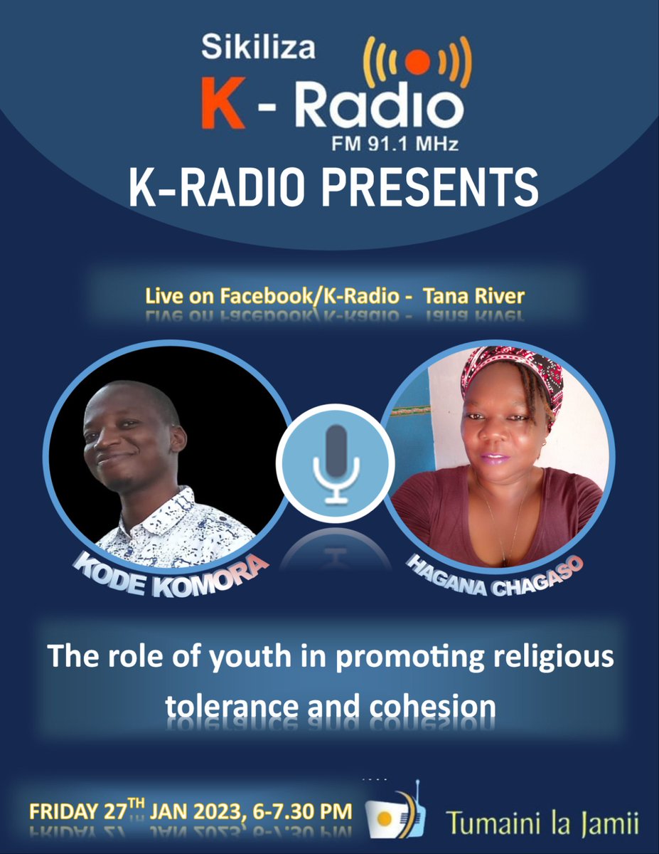 K-FM 91.1 will today host youth leaders in discussing roles of youth in promoting religious tolerance and Cohesion in Tana River, please join us as from 6pm to 7.30 pm <a href="/KECOSCE/">KECOSCE</a>  <a href="/Phyllis_Muema/">PHYLLISMUEMA</a> <a href="/Mensenmissie/">Mensen met een Missie</a> <a href="/mainamary254/">Mary Maina</a> <a href="/AminaDika_/">Hon. Amina Dika Abdullahi</a> <a href="/otoidamian/">stephen otoi</a> <a href="/Kulah_Nzomo/">Kulah Nzomo</a>