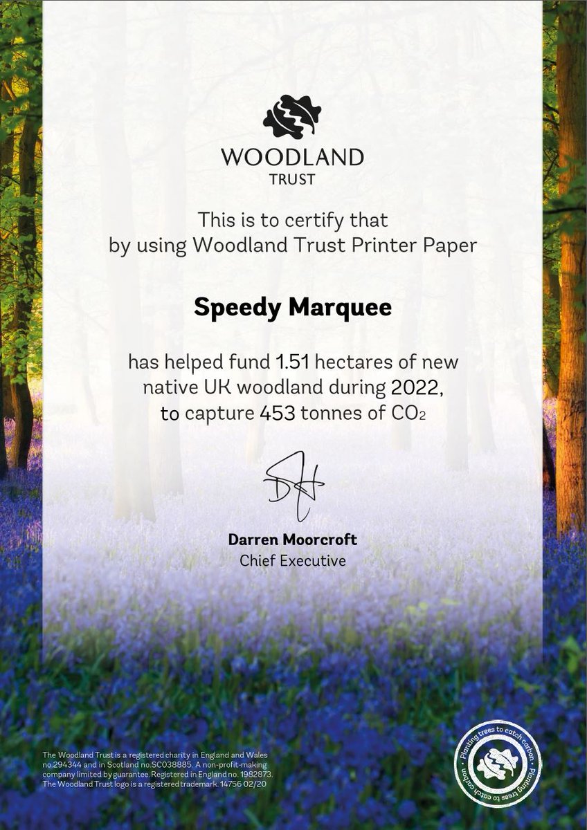 From selling <a href="/WoodlandTrust/">WoodlandTrust</a>  paper during 2022 we have funded 1.51 hectares of new native UK woodland. Buy yours today from <a href="/SpeedyMarquee/">Speedy Marquee</a> - tinyurl.com/mry72kba

#woodland #woodlandtrust #co2capture #speedymarquee #woodlandtrustpaper