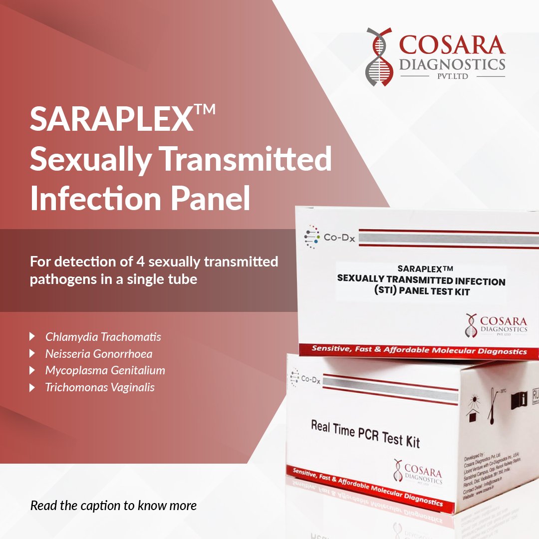 CoSaraIndia's tweet photo. SARAPLEX STI (Sexually Transmitted Infections) Test is a research-only multiplex test, based on real-time PCR technology for the simultaneous qualitative detection of Chlamydia Trachomatis (CT), Neisseria Gonorrhoea (NG), Mycoplasma Genitalium (MG) &amp; Trichomonas Vaginalis (TV). https://t.co/xgY3VA3JpO