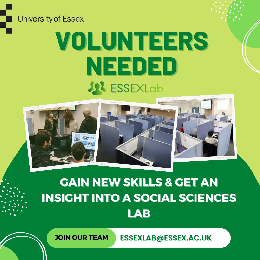 WE ARE RECRUITING VOLUNTEERS! 

We are expanding our volunteering team. If you are interested in learning more about how social science experiments are run by volunteering alongside our Lab Assistants, express your interest by emailing us at: essexlab@essex.ac.uk