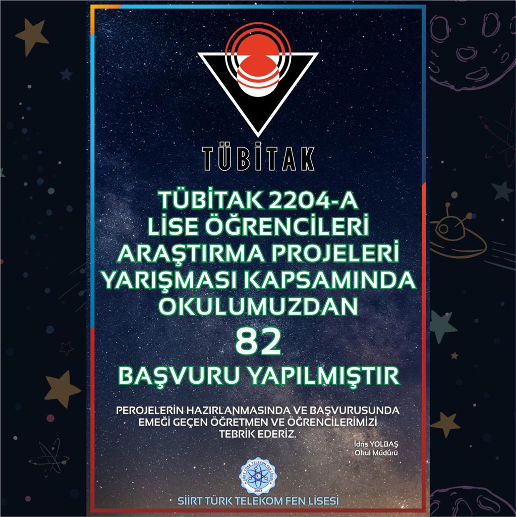 TÜBİTAK 2204-A Lise öğrencileri araştırma projeleri yarışması kapsamından okulumuz #SiirtTürkTelekomFenLisesi tarafından 82 başvuru yapılmıştır. Emeği geçen öğretmen ve öğrencilerimizi tebrik ederiz..