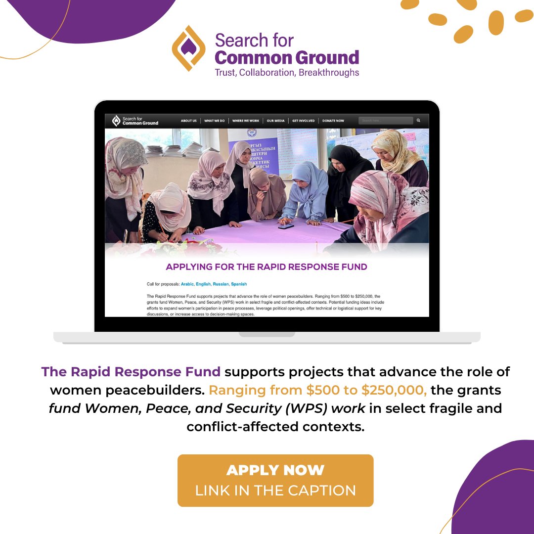 Apply now for THE RAPID RESPONSE FUND! 📣

The Rapid Response Fund supports projects that advance the role of women peacebuilders. Ranging from $500 to $250,000.

For more info &amp; applying: sfcg.org/wins-rrf/

#SFCG #SFCGlebanon