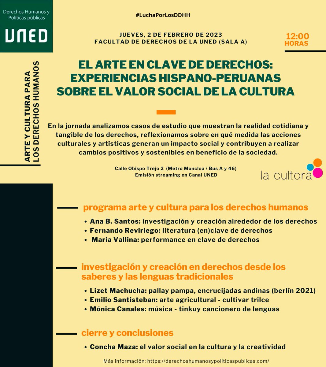 El arte en clave de derechos. Experiencias HISPANO-PERUANAS sobre el valor social de la cultura.
Con A.B. Santos, F. Reviriego, M. Vallina, L. Machuca, E. Santisteban, M. Canales y C. Maza <a href="/FacDerecho_UNED/">Fac. Derecho UNED</a> <a href="/La_Cultora/">La Cultora</a>