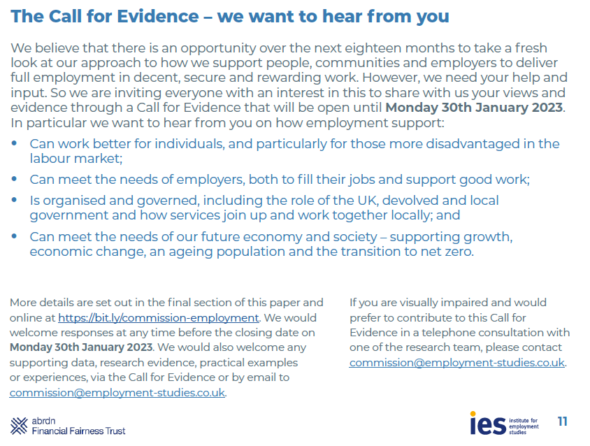 EmploymtStudies's tweet photo. 🚨 Final call! The Commission on the Future of Employment Support needs your views. The Call for Evidence closes 30/1, you can respond here: https://t.co/tSk6Es3Ac2 . You can also email us at commission@employment-studies.co.uk . Your views can help reform employment support! https://t.co/6cXOVyXgWg