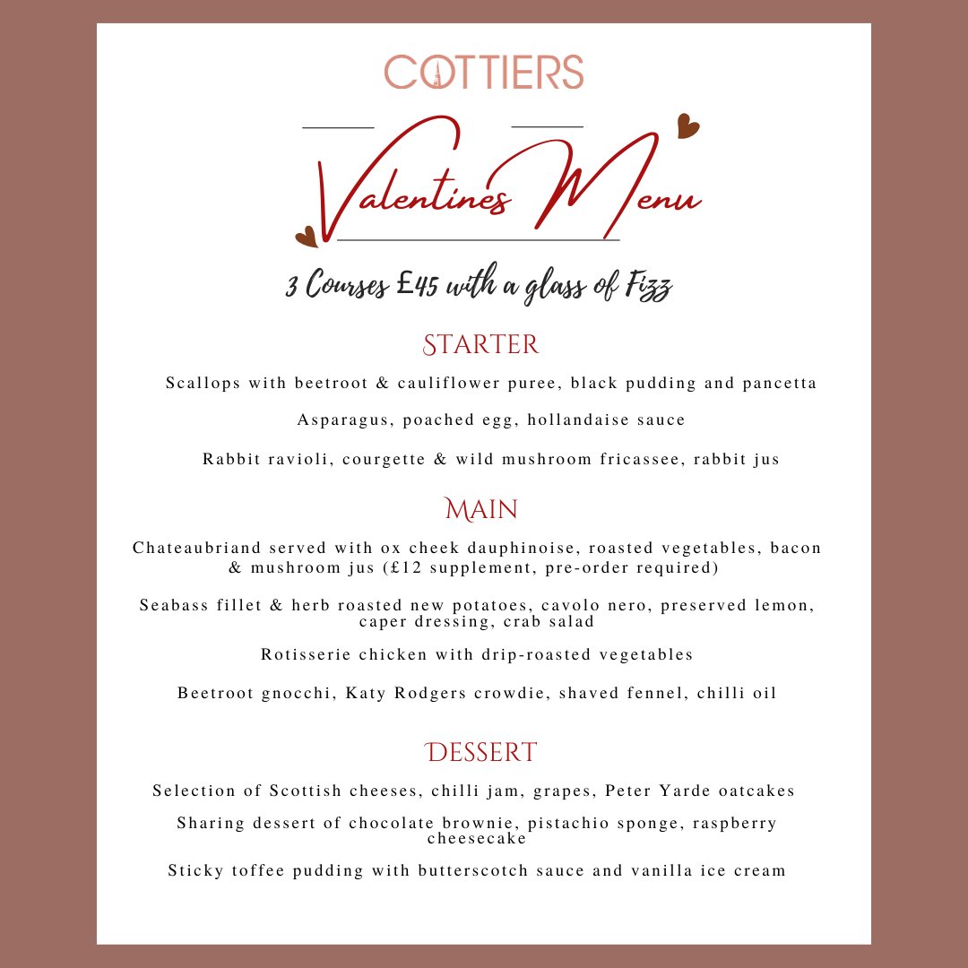 Valentine's Day at Cottiers ♥️

Treat your loved one to a romantic evening in the Attic and indulge in our three-course menu with a glass of fizz on arrival (swipe to see the menu). 
Make this Valentines a special one  &gt; Book now via the link in our bio