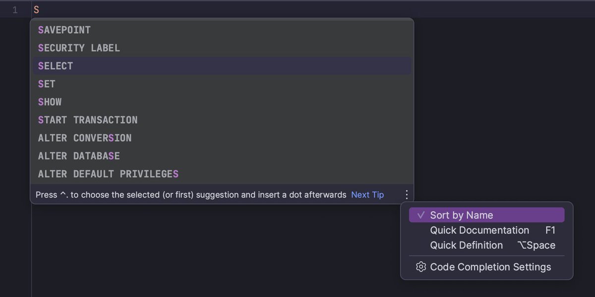 datagrip's tweet photo. You can sort completion suggestions alphabetically or by relevance.
To sort alphabetically, select the 'Sort by Name' option.
To sort by relevance, clear the 'Sort by Name' checkbox.
#DataGripTips https://t.co/V4ampwI516