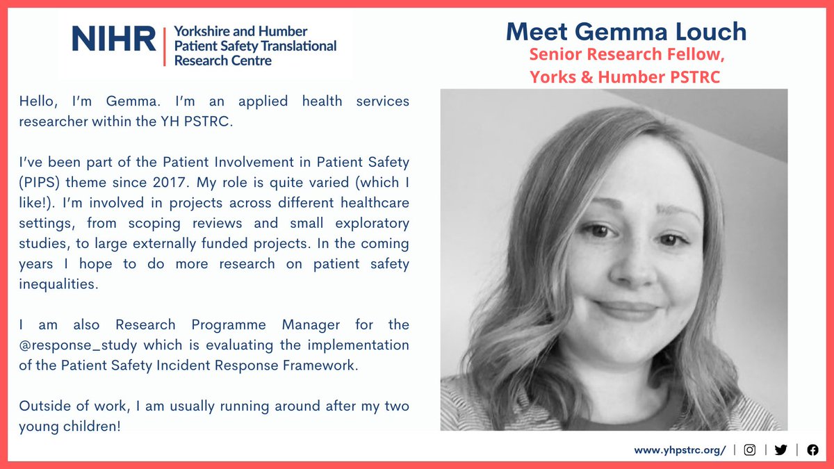 👋This week we've asked <a href="/Gemma_Louch/">Gemma Louch</a> to tell us about herself and the work she's doing in our Patient Involvement in Patient Safety (PIPS) theme, as well as the <a href="/response_study/">TheResponseStudy</a> 
You can find out more about the work of the PIPS theme here: yhpstrc.org/research-theme…