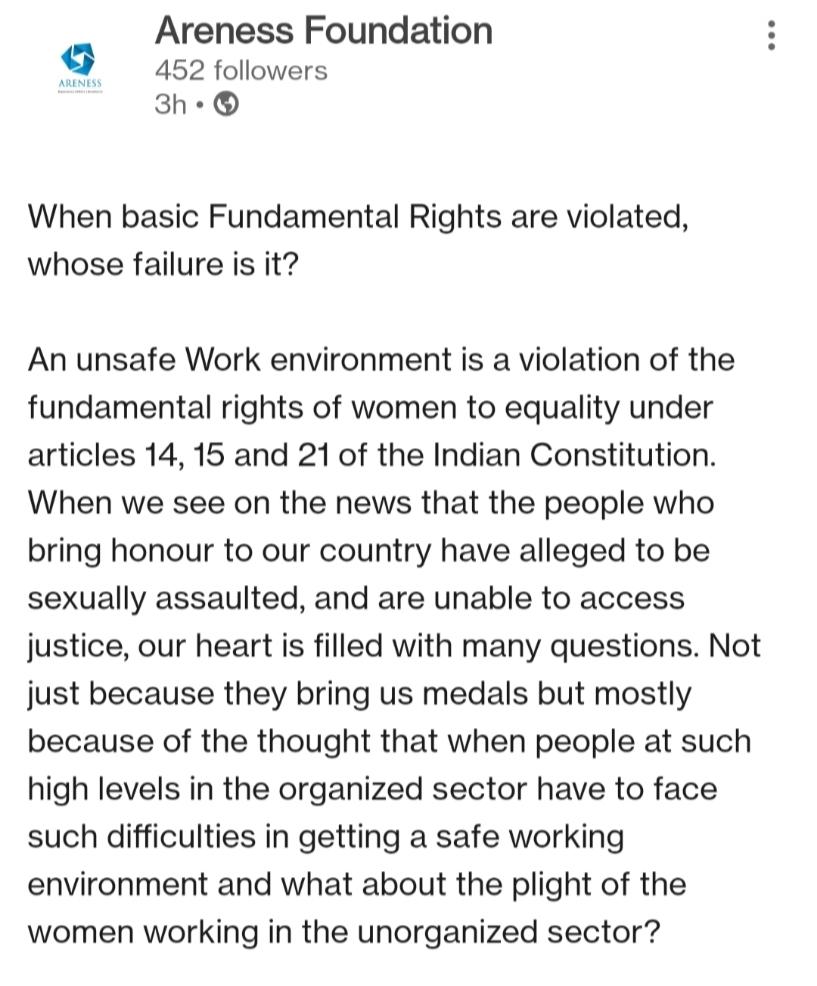 ArenessIndia's tweet photo. The issue of Sexual Harassment at Workplace is something that needs to be revisited by the Govt. 
Read more below:-
#HumanRights #wrestlersprotest #ArenessFoundation #publicpolicy https://t.co/lp785cAaw7