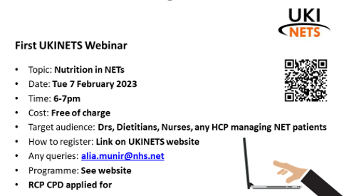 Calling all healthcare professionals working with patients with #NeuroendocrineTumours! <a href="/UKINETS/">UKINETS</a> are hosting a free webinar on nutrition in NETs. Link to sign up: ukinets.org/2022/11/nutrit… #NETs <a href="/BDA_Oncology/">BDA Oncology Specialist Group</a> <a href="/bda_gastro/">BDA Gastroenterology Specialist Group</a> <a href="/BDA_PENG/">BDA Parenteral and Enteral Nutrition Group</a>
