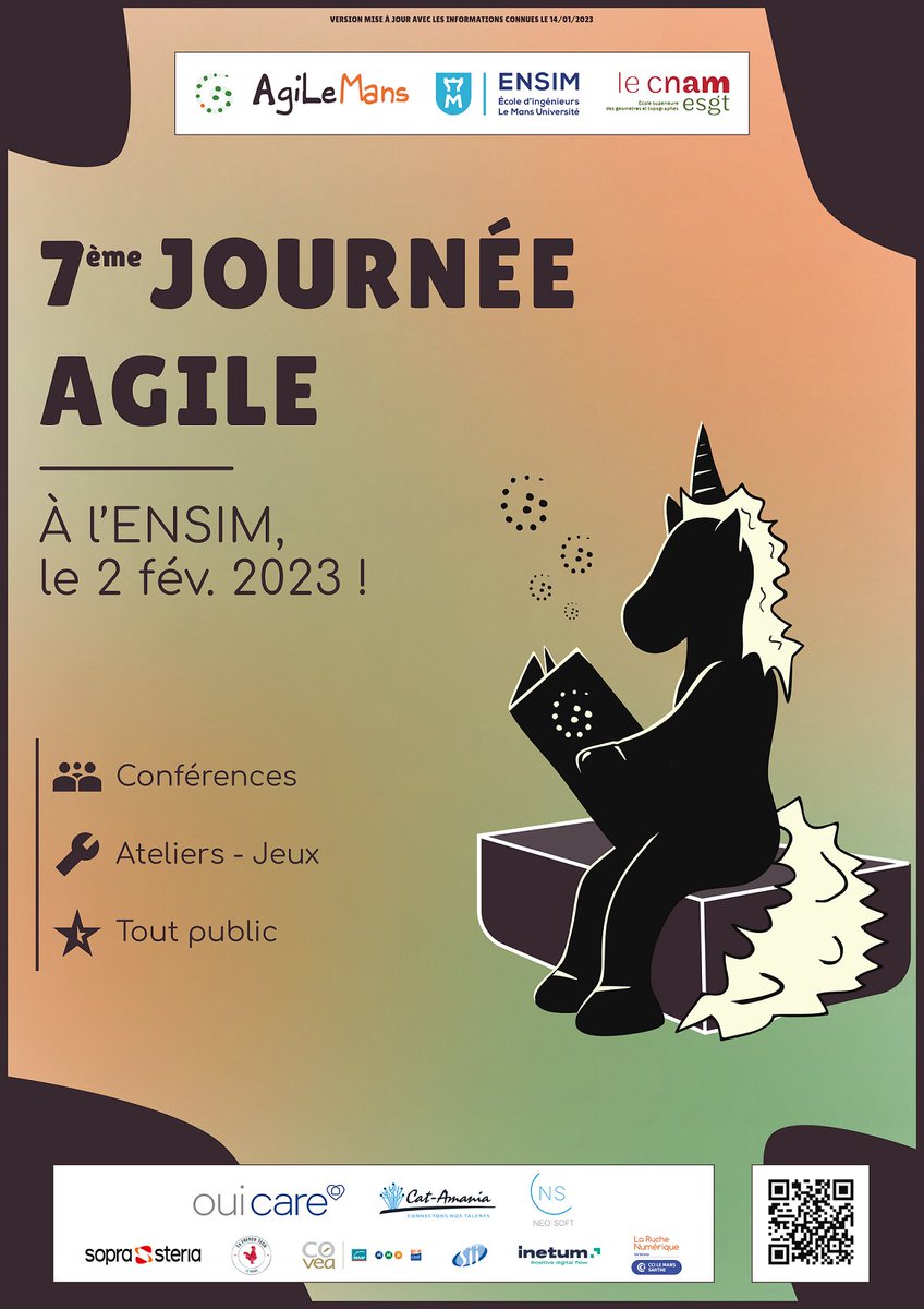 Il reste encore 13 places sur notre billetterie : 
billetweb.fr/7e-journee-agi…

Le programme de la journée :  agilemans.org/journee2023/pr…

Si vous souhaitez covoiturer voici un fichier pour vous aider à vous organiser lite.framacalc.org/covoiturage-ag…