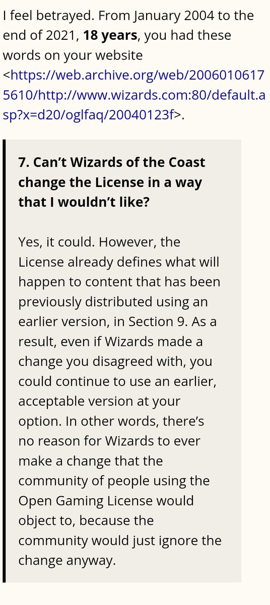 <a href="/io9/">io9</a> OGL1.0a is a 23yo contract, understood irrevocable by all parties. They tried to revoke it by reinterpreting ONE word ("authorized") as present tense adjective not past tense verb. How can we trust a new MANY word license?

Screenshot from OGL FAQ on their website for 18 years: