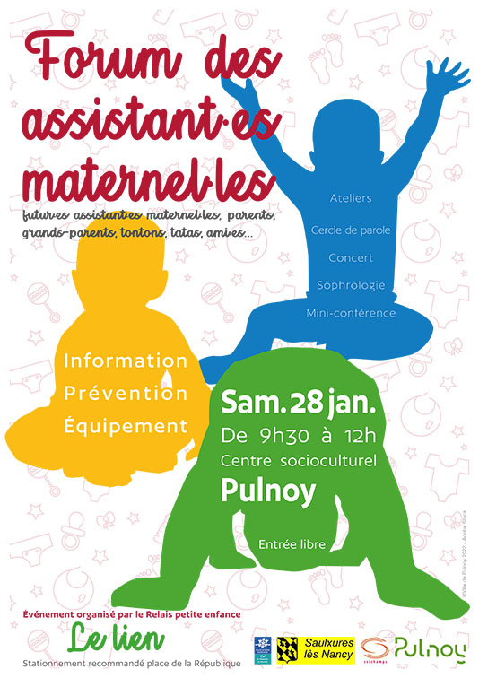 #PetiteEnfance
👶 Samedi 28/01 de 9h30 à 12h au centre socioculturel, le Relais Petite Enfance de #Pulnoy  organise le premier Forum des Assistant.es Maternel.les destiné à toute personne étant en contact avec un jeune enfant.
➕ d'infos 👉 pulnoy.fr/events/forum-d…