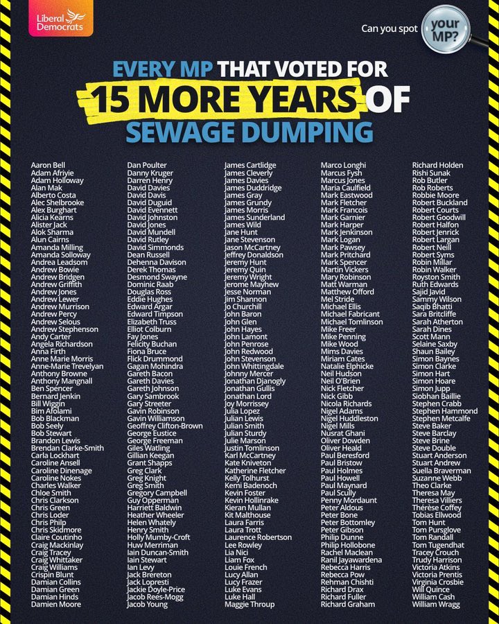 This week the Conservative MP for South Leicestershire voted for 15 more years of sewage dumping in our local rivers and coastal waters. 

You can find his name on this list. 

#VoteBlueGetPoo

💩💩💩💩💩

#WhatAStink