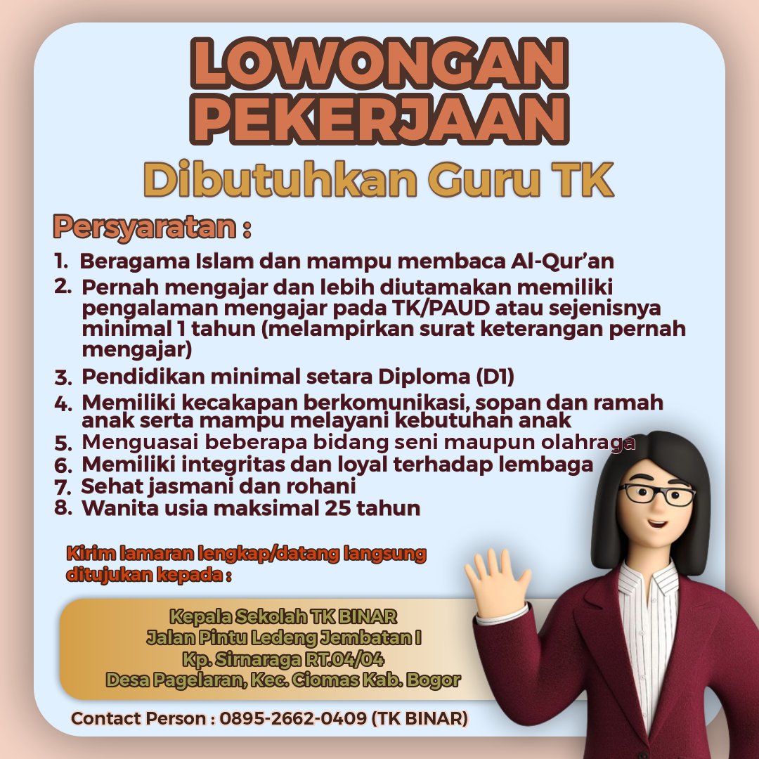 owlgabut's tweet photo. [INFO LOKER]

Dibutuhkan tenaga pengajar area Ciomas, Kabupaten Bogor dengan persyaratan tertera.

@hrdbacot  @lokercot 

loker bogor , job vacancy

#infoloker #loker #lokerbogor #bogorupdate #lokerterbaru #infolokerbogor #job #JobVacancy 
#lokercot #hrdbacot https://t.co/DjO9QJfGNb