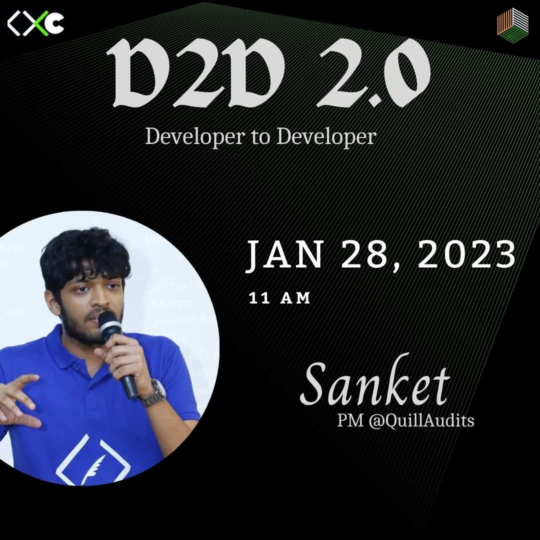 We are delighted to announce @gmsanketagarwal as our speaker for D2D 2.0.

𝐒𝐚𝐧𝐤𝐞𝐭 𝐀𝐠𝐚𝐫𝐰𝐚𝐥, PM <a href="/QuillAudits/">QuillAudits</a>, will be giving us an insightful session on '𝐖𝐞𝐛𝟑 𝐂𝐲𝐛𝐞𝐫𝐬𝐞𝐜𝐮𝐫𝐢𝐭𝐲 𝐚𝐧𝐝 𝐀𝐭𝐭𝐚𝐜𝐤 𝐕𝐞𝐜𝐭𝐨𝐫𝐬'.