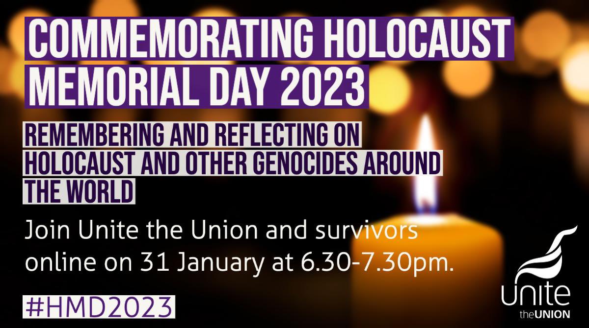 Join <a href="/unitetheunion/">Unite the union: join a union</a> and survivors as we commemorate #HolocaustMemorialDay 

This event is being held online 6.30 – 7.30pm on 31st January.

To register for this online event please click the link: unitetheunion-org.zoom.us/webinar/regist…
