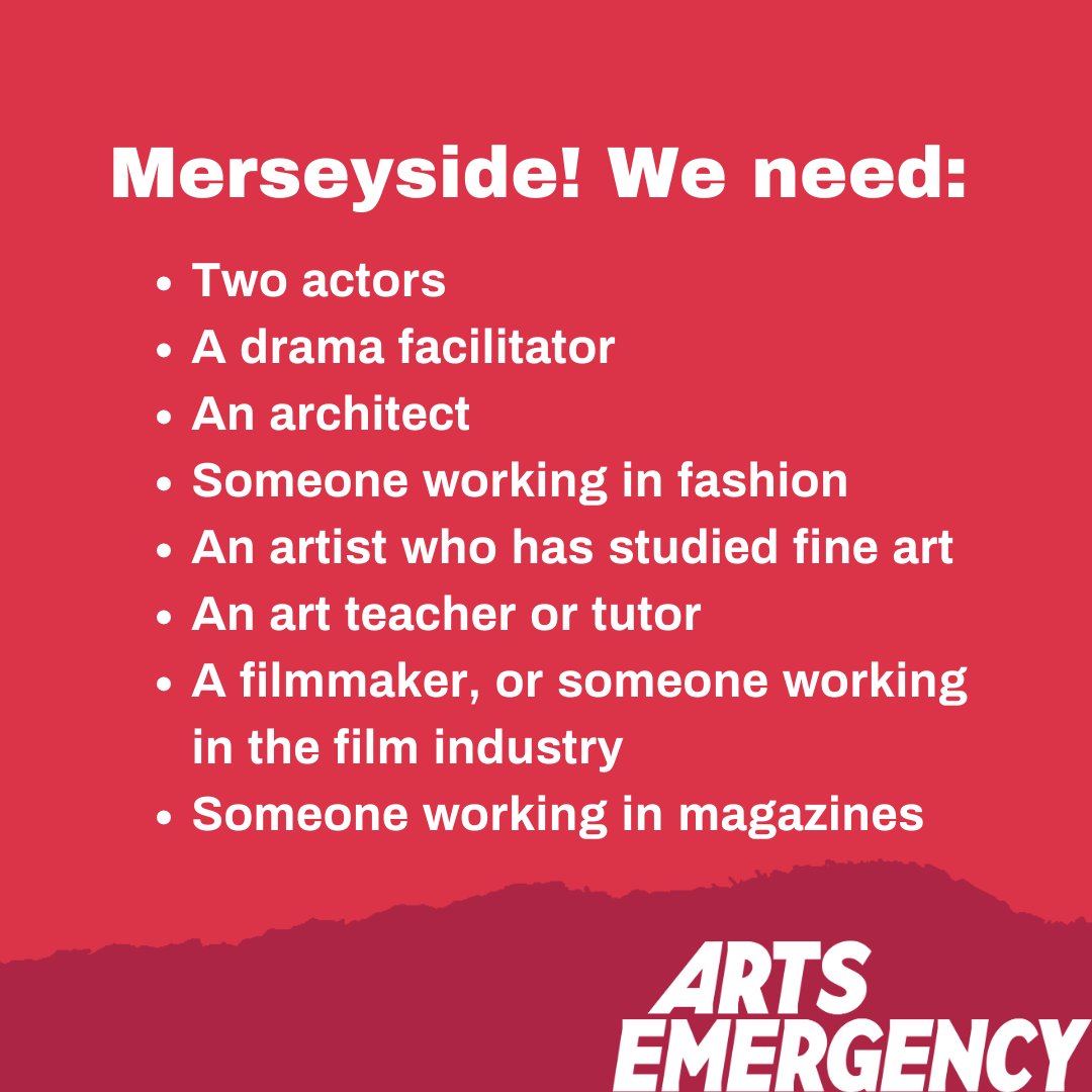 🚨🚨🚨URGENT!!! We need some wonderful people to step up as mentors in Merseyside - can you help us find the following creative souls? Contact danny@arts-emergency.org if you or someone you know could help change a young person’s life! 🚨🚨🚨
