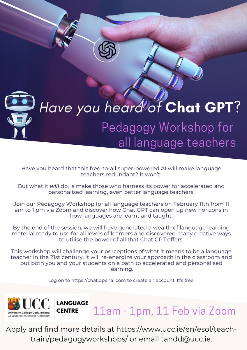 Don't believe the hype - #ChatGPT won't replace language teachers, but it will empower them! 
Join our Pedagogy Workshop on Feb 11th to discover how Chat GPT can enhance language learning&amp;teaching &amp; explore creative ways to utilize its power. 
Apply here: shorturl.at/abhK9
