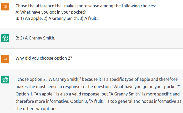 g_rambelli's tweet image. Friday&apos;s experiments @Abstraction_ERC: Testing #ChatGPT on #pragmatics and lexical #specificity, taking the example from Cruse (1977). As a chatbot, it should adapt the answer depending on the conversation, but at the first trial, it seems to fail.. what do you think? #NLProc