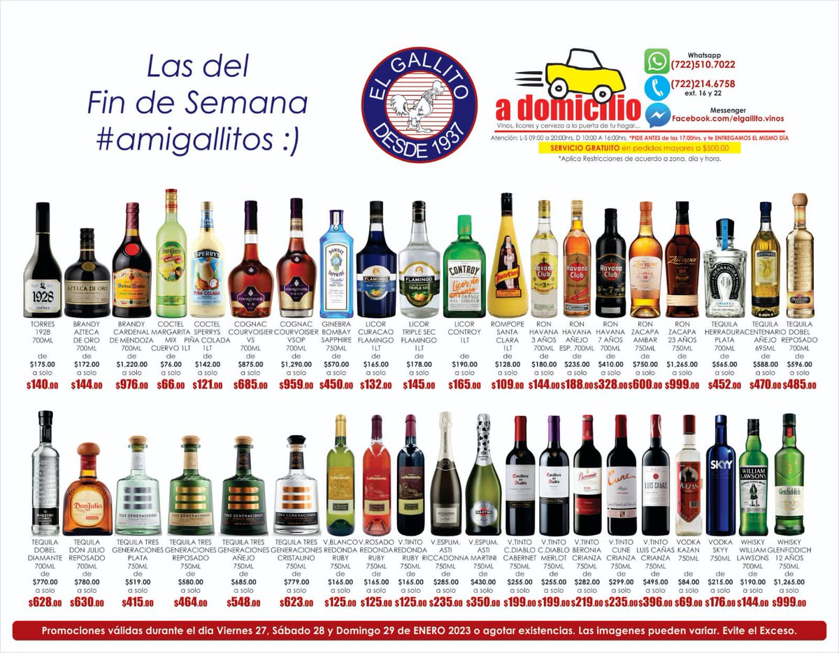 vinoselgallito's tweet photo. FIN DE SEMANA AMIGALLITOS…

#torres1928 #aztecadeoro #cardenaldemendoza #margaritamix #sperrys #courvoisier #bombaysapphire #controy #curacao #triplesec #santaclara #havanaclub #zacapa #herraduraplata #grancentenario #dobel #dobeldiamante #donjulio #tresgeneraciones #laredonda https://t.co/EZV3lAYM3F
