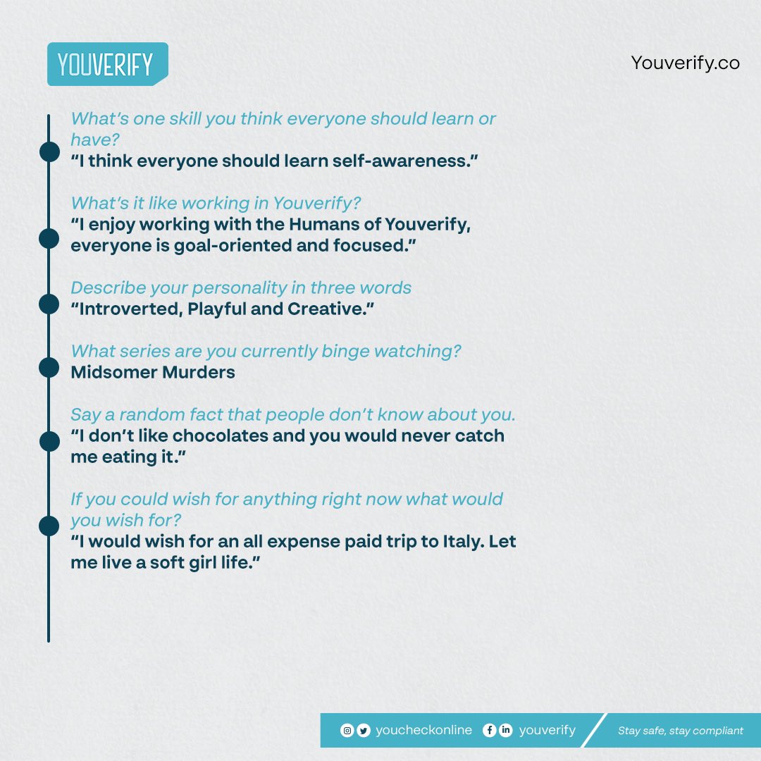 YoucheckOnline's tweet photo. Meet Ene Rachel Abu, product designer at Youverify.
In Ene’s words “I enjoy working with the Humans of Youverify, everyone is goal oriented and focused”
#humansofyv #team #youverify #communication #tgif https://t.co/SDGz2DV9yC