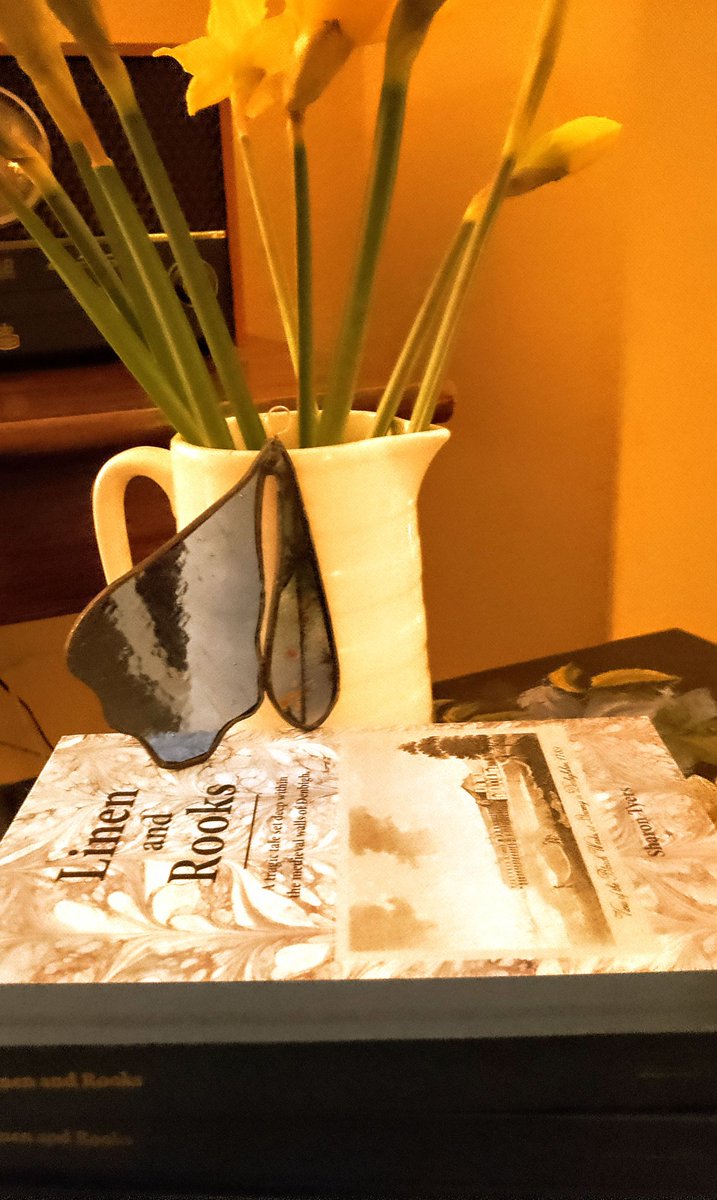 Daffodils are here at last, a new piece of glass art and my first novel, Linen and Rooks.

Date for your diary: February 12th @berwynbookshop  when I'll be giving a talk followed by a creative writing workshop.

#firstnovel, #books
#denbigh #creativewriting #NorthWales