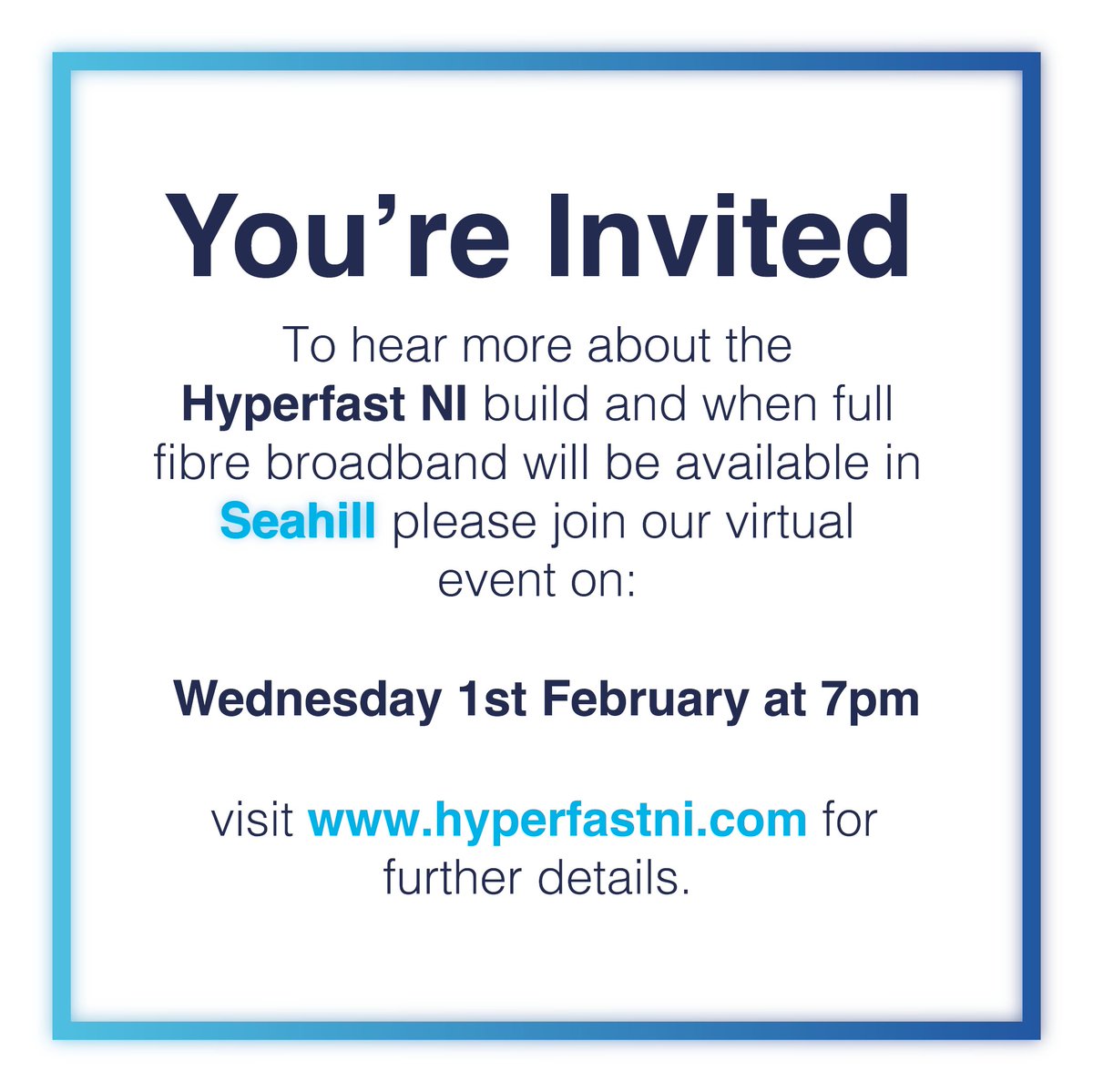 hyperfast_ni's tweet photo. The next rural area of Northern Ireland to benefit from the roll out of Project Stratum full fibre broad through Hyperfast NI is SEAHILL!

To learn more we are hosting a virtual event on Wednesday 1st February at 7pm

Tickets - https://t.co/pVQW8pDJqC

#connectingcommunities https://t.co/zDGAfk2aUt
