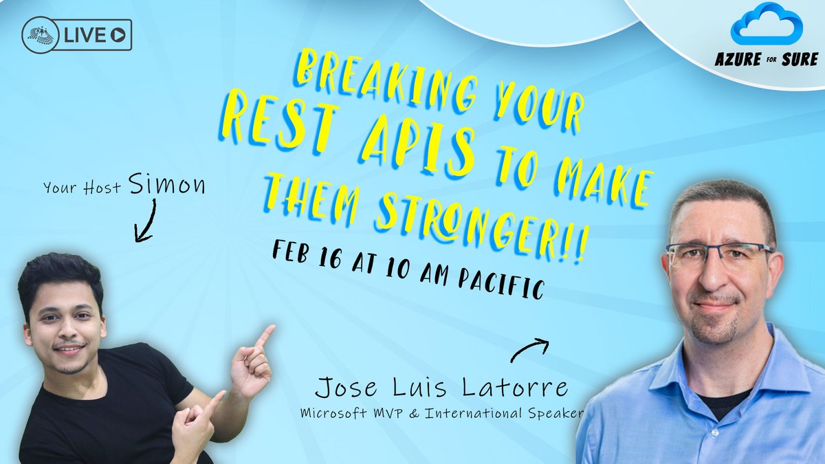 Cloud Summit (Azure Focused) (@cloudsummitlive) on Twitter photo Join <a href="/codewithsimon/">Stephen SIMON</a> & <a href="/joslat/">Jose Luis Latorre | #MVP | #K6 | @DotNetZurich</a> on February 16 at 10:00 AM Pacific Time (US) for the next episode of #AzureForSure to learn why performance testing is important & what can you get from doing it.
Register for the next episode over here>> bit.ly/3Rb8cN6
#Azure #LiveShow Join <a href="/codewithsimon/">Stephen SIMON</a> & <a href="/joslat/">Jose Luis Latorre | #MVP | #K6 | @DotNetZurich</a> on February 16 at 10:00 AM Pacific Time (US) for the next episode of #AzureForSure to learn why performance testing is important & what can you get from doing it.
Register for the next episode over here>> bit.ly/3Rb8cN6
#Azure #LiveShow