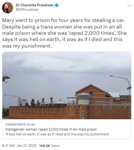 Either he was raped more than once a day, every day, for four years in a maximum security prison or a  disordered, convicted criminal who tells others he's not the sex he is, is lying.

It's a real mystery which one it could be