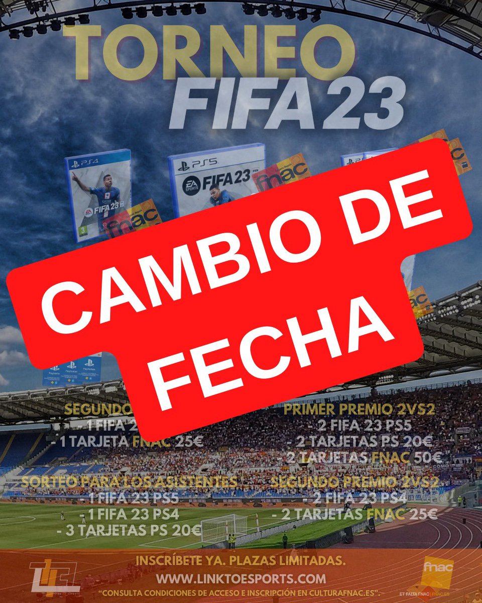 🚨CAMBIO DE FECHA
😱Cambiamos la fecha del torneo con <a href="/fnac_cat/">Fnac CAT</a> !! La fecha la anunciaremos próximamente en redes sociales
👉Los participantes que habéis realizado la preinscripción recibiréis el dinero de la reserva de vuelta
⚠️TODOS ATENTOS AL ANUNCIO DE LA FECHA DEL TORNEO⚠️