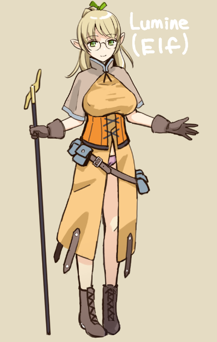 【ラスティー2】ヒロインB(エルフ)の大枠が固まりました。配色めっちゃ悩んだけど、今回舞台が雪と氷なので、暖色系の素直なカボチャ色に。これで三人揃いました(二枚目 