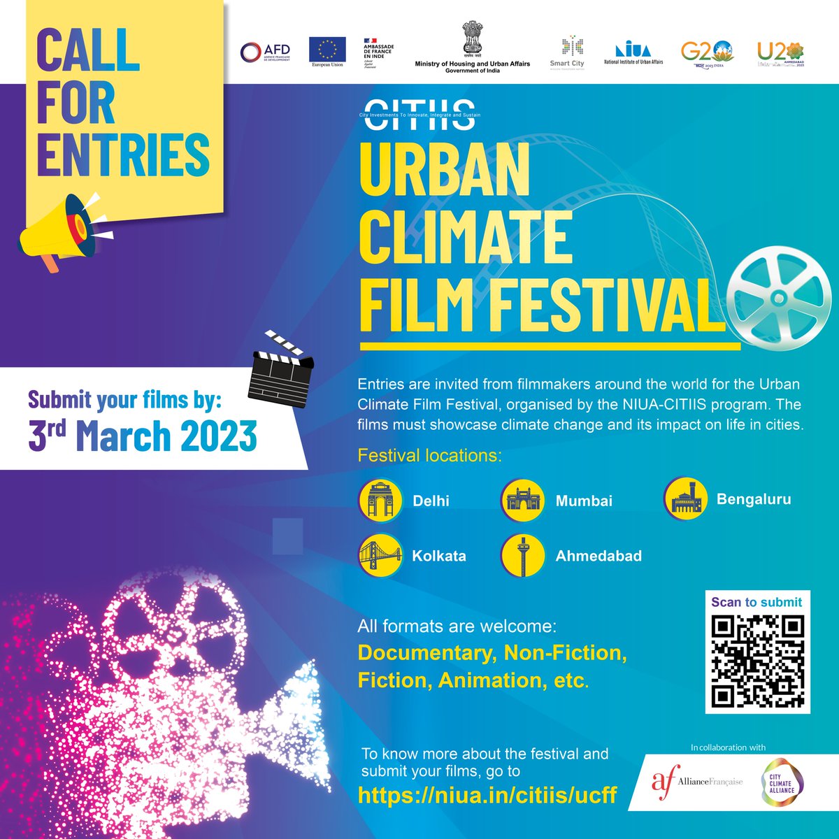 NIUA_India's tweet photo. 📣 CALL FOR ENTRIES!

Under the #CITIIS program, NIUA invites films depicting the impact of climate change on life in cities for the first #UrbanClimateFilmFestival.

Deadline: 3 March 2023

Submit your films here: https://t.co/ousVuWsAPg

#UCFF #filmfestival #climate https://t.co/2aWEkXVFTr